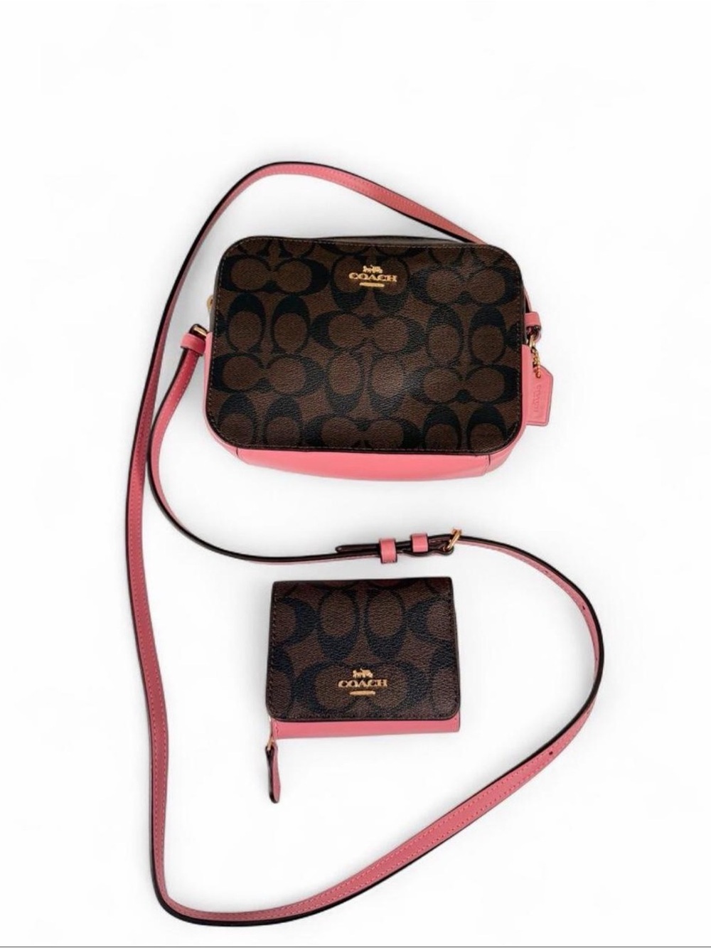Coach Brown Signature Canvas Crossbody with Pink Trim & Wallet